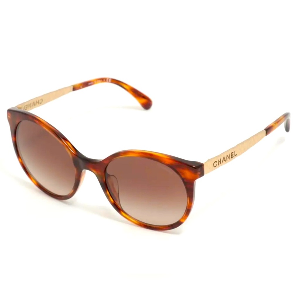 Chanel Tortoise Frame Gold Logo Arm Sunglasses
